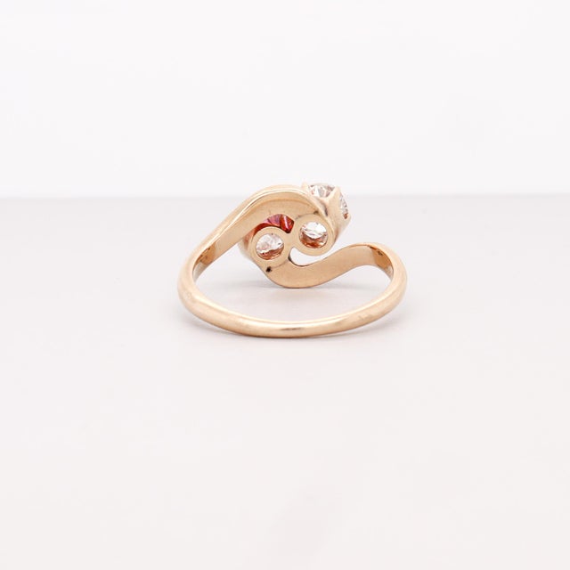 Gold Antique 14k Gold & Old Mine Cut Diamonds 'Toi Et Moi' Ring For Sale - Image 8 of 10