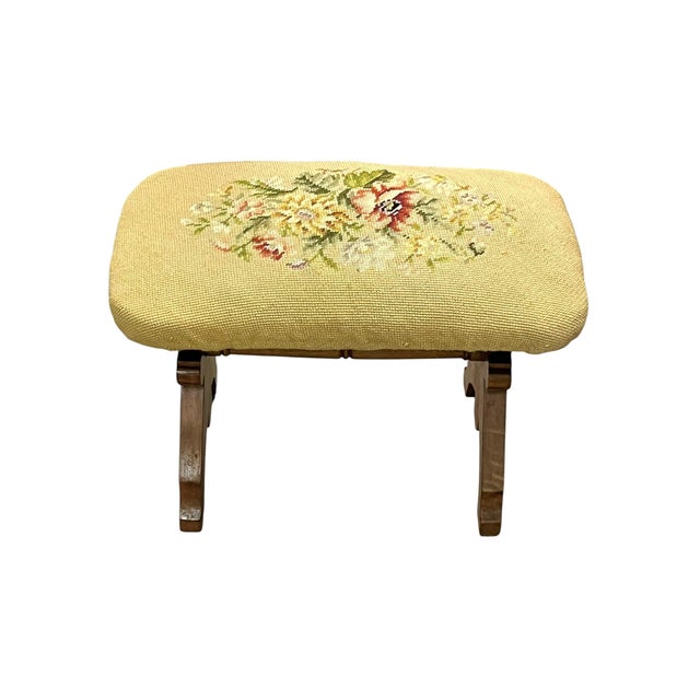 Vintage English Needlepoint Footstool With Carved Oak Base | Mid-Century Upholstered Stool For Sale - Image 16 of 18