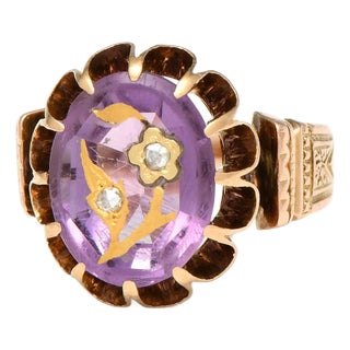 Mid 19th Century 14kr Victorian Inlaid Amethyst & Diamond Ring, Size 2 3/4 For Sale
