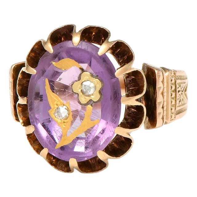 Mid 19th Century 14kr Victorian Inlaid Amethyst & Diamond Ring, Size 2 3/4 For Sale