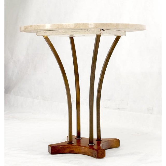 Mid-Century Modern round marble top bent brass tube & walnut base occasional side end table pedestal. Paul McCobb decor...