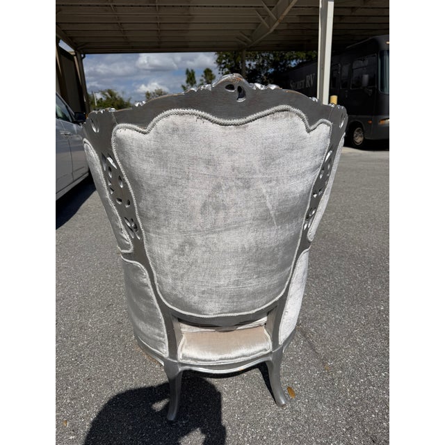 Vintage Painted Silver Leaf Upholstered Wingback Chair For Sale - Image 11 of 14