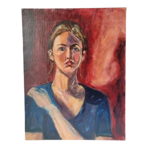 2000s "Woman With Blue Shirt" Expressionist Portrait Oil Painting on Canvas Signed by Rosemary Rabut