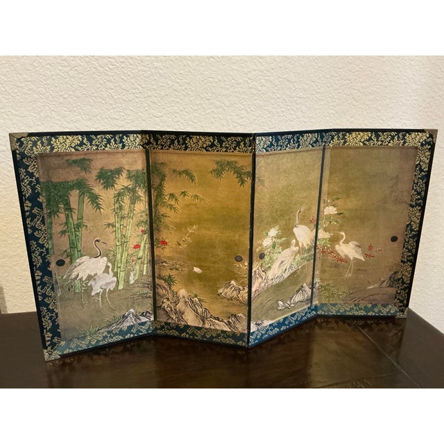 Asian Vintage Asian-Inspired Four-Panel Tabletop Folding Screen With Cranes & Bamboo Designs. For Sale - Image 3 of 12
