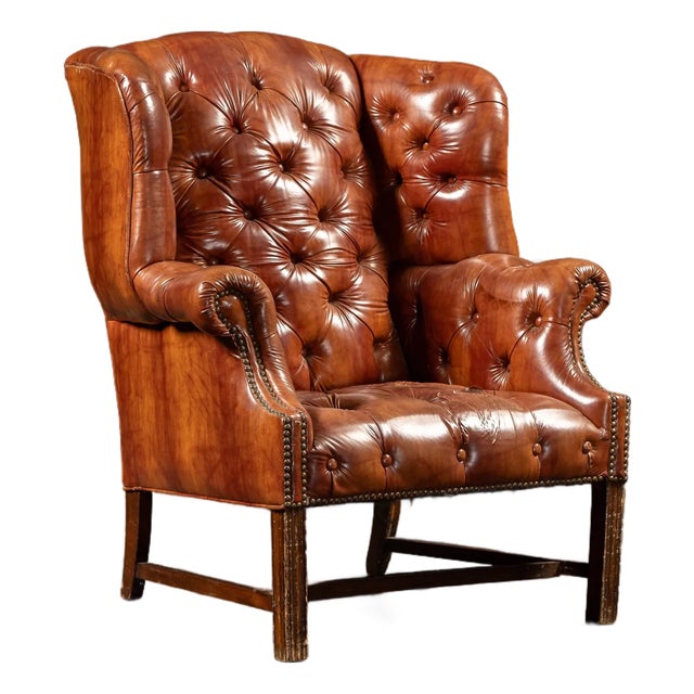 Mid 20th Century Tufted Vinyl Chesterfield Wingback Armchair in Brown For Sale