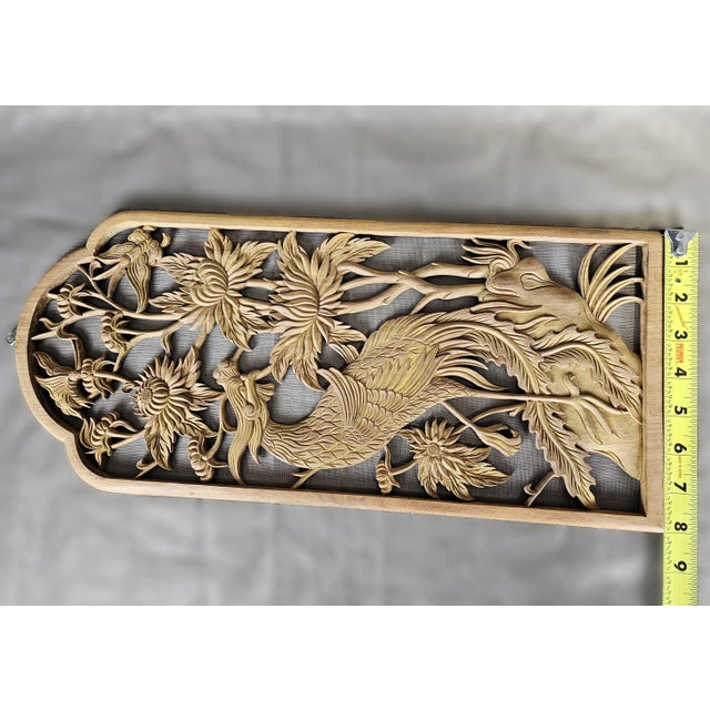 1970s Vintage Phoenix Peony Chinese Relief Carved Wood Panel Wall Sculpture For Sale - Image 11 of 11
