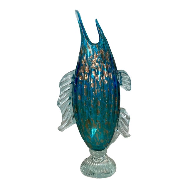 Tall Modernist Murano Style Fish With Gold Flecks For Sale