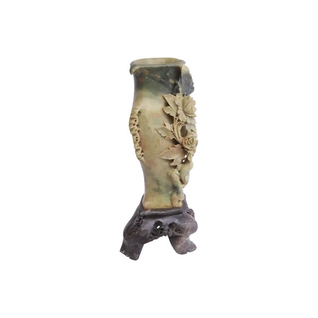 Mid 20th Century Mid 20th Century Large Chinese Hand-Carved Soapstone Vase With Floral, Butterfly & Bird Relief on Stand, 11.7"h For Sale - Image 5 of 10
