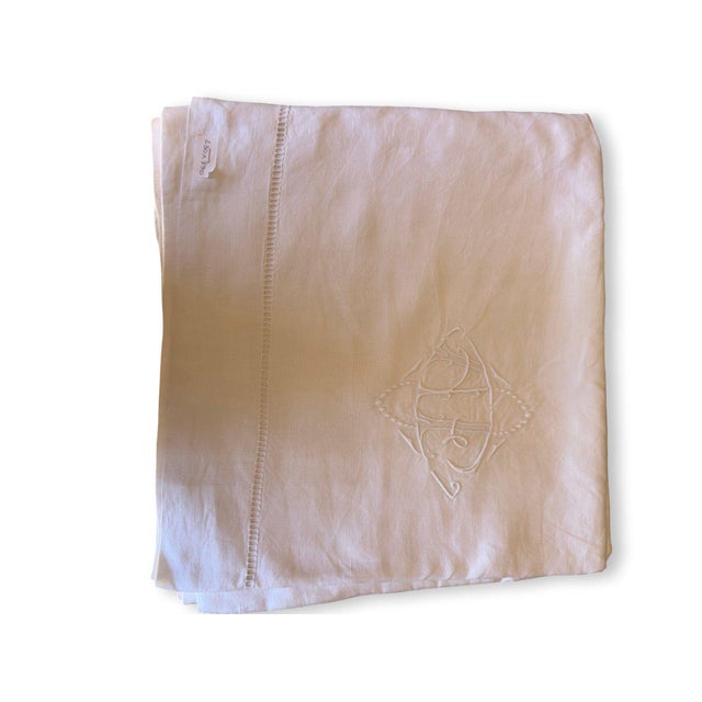 Antique French Linen Sheet With Openwork Ladder Stitch Monogrammed White Trousseau Sheet Romantic French Bedding For Sale - Image 9 of 11