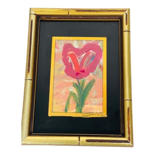 1970s Small Abstract Tulip Painting Framed in Dark Passpourtou For Sale