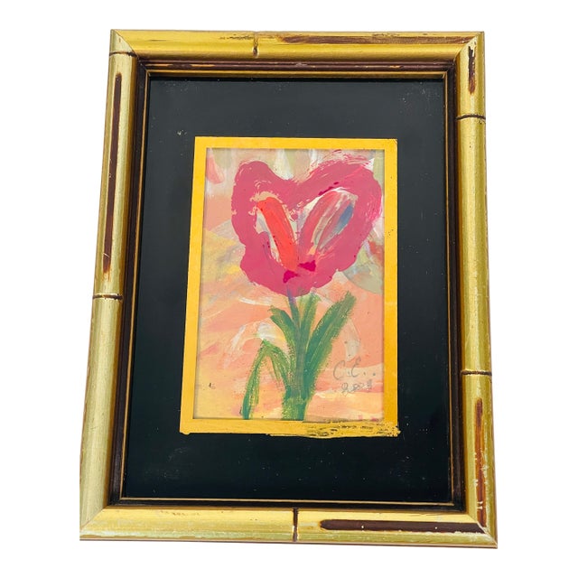 1970s Small Abstract Tulip Painting Framed in Dark Passpourtou For Sale