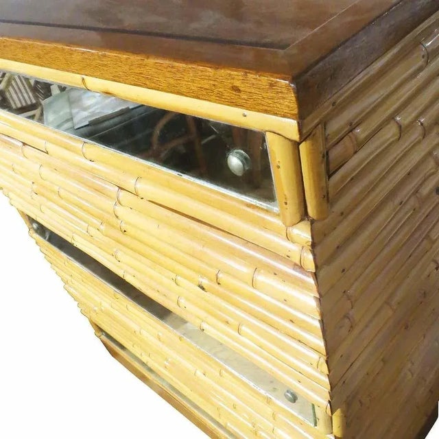 Restored Mirror Front Stacked Rattan Bar & Mahogany Top, 1940 For Sale - Image 4 of 8