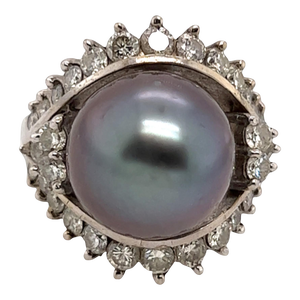 1950s 14k White Gold Tahitian Pearl and Diamonds Cocktail Ring Size 6