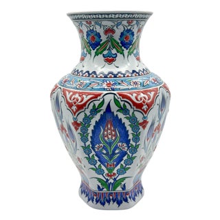 Handmade Ceramic Faceted Vase (30cm) – Classic Iznik Cypress & Tulip Pattern – Geometric Art Decor For Sale