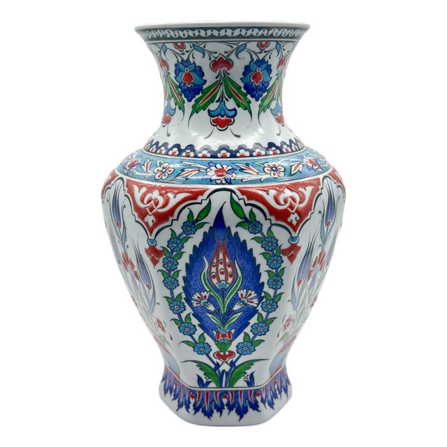 Handmade Ceramic Faceted Vase (30cm) – Classic Iznik Cypress & Tulip Pattern – Geometric Art Decor For Sale