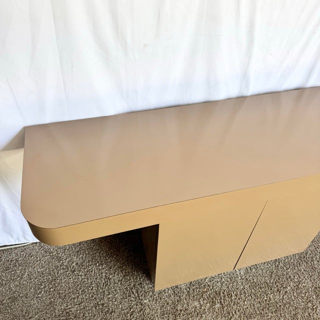 1980s Postmodern Taupe Brown Lacquer Laminate Credenza With Chrome Base For Sale - Image 5 of 9