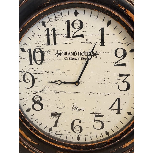 French Late 20th Century Oversized Distressed Black-Brown French Hotel-Style Wall Clock For Sale - Image 3 of 6