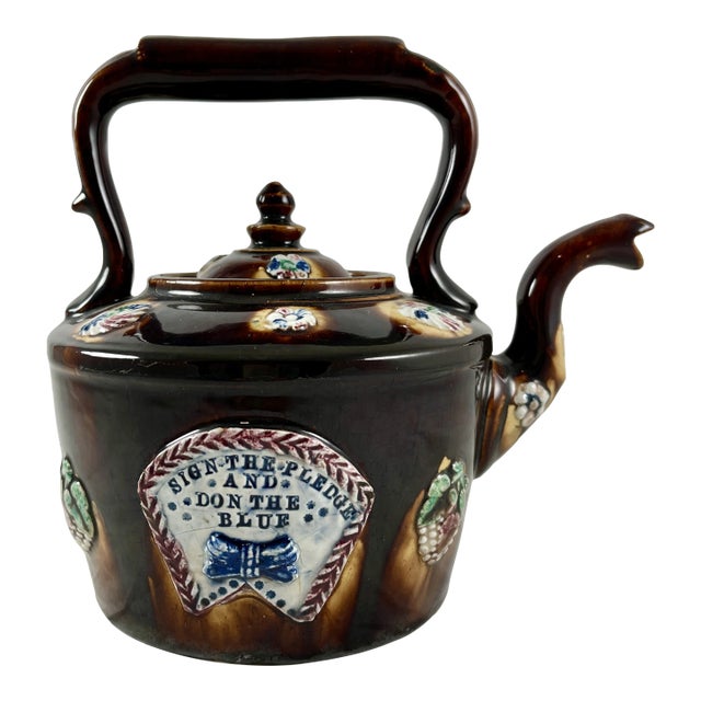 English Measham Bargeware Blue Ribbon Teetotaler Temperance Motto Tea Kettle For Sale