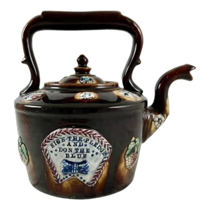 English Measham Bargeware Blue Ribbon Teetotaler Temperance Motto Tea Kettle