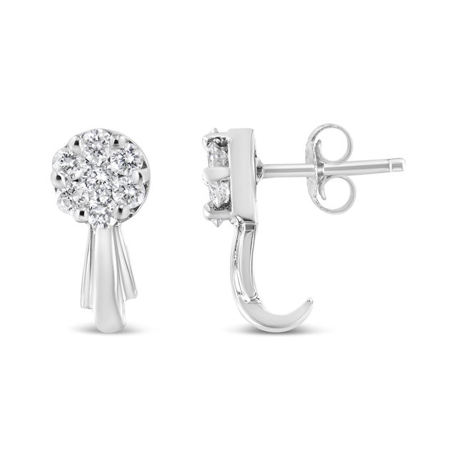 Contemporary 14K White Gold 3/4 Cttw Diamond Floral Cluster Drop and Dangle Stud Earrings, A Pair For Sale - Image 3 of 6