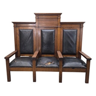 Antique Mission Revival Oak Triple Hall Bench – For Reupholstery For Sale