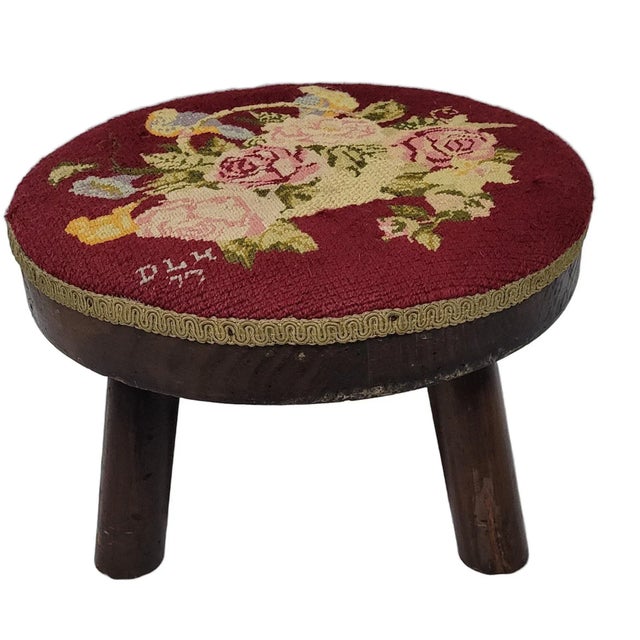 Vintage French Country Pettie Point Wood Footstool Rustic Farmhouse Needlepoint Low Stool Signed and Dated. In good...