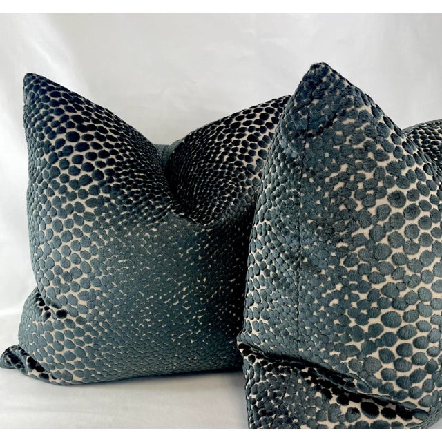 Dot Cut Velvet in Navy 22" Pillows-A Pair For Sale - Image 4 of 5