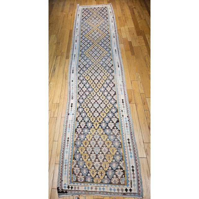Vintage Persian Qazvin Tribal Kilim Runner, Handwoven Allover Paisley Pattern, Brown & Ivory, 4’ x 18’ For Sale - Image 9 of 17