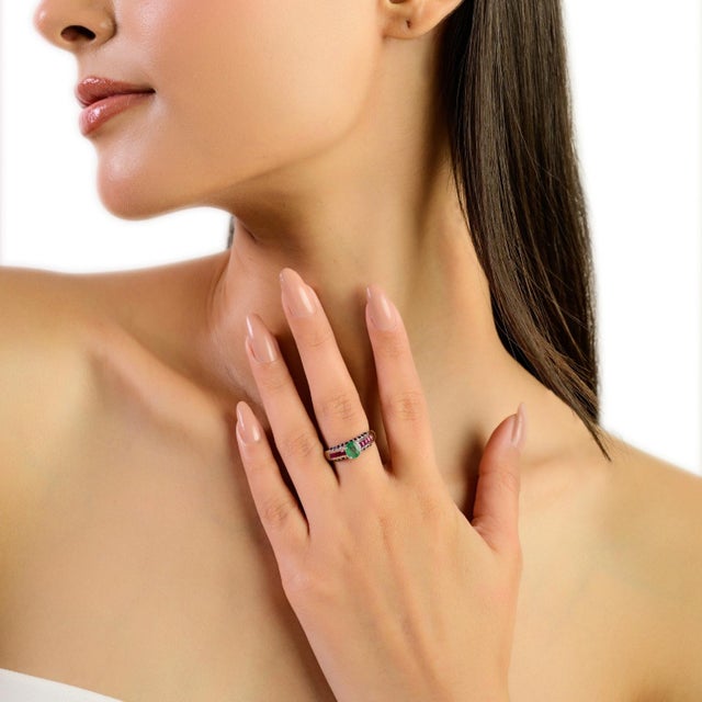 Green Unique Design Emerald Ruby Diamond Statement Ring Crafted in 925 Silver - Size 7.5 For Sale - Image 8 of 10