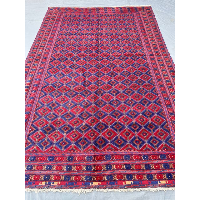 2000 - 2009 Mushwani Red and Blue Andkhoy Hand-Knotted Wool Rug - 6'4" X 9'11" For Sale - Image 5 of 11