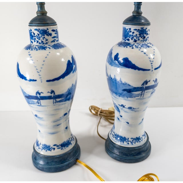 Blue 19th Century Pair of Chinese Blue and White Vases Mounted as Table Lamps For Sale - Image 8 of 12