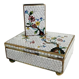Vintage Cloisonne Smoke Box & Matchbox Cover Set For Sale