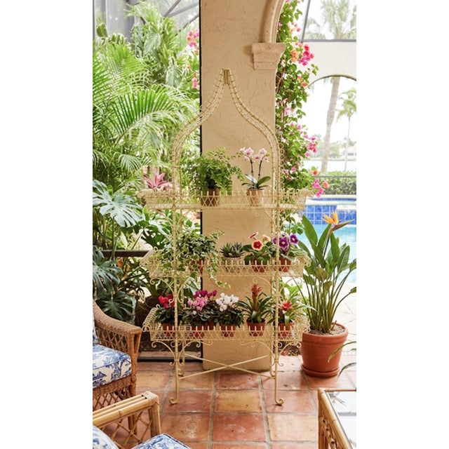 Metal Vintage French Country Yellow Palm Beach Regency Pagoda Wire Bakers Rack Plant Stand For Sale - Image 7 of 13