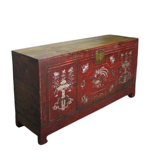 Late 19th Century Two Doors 60" Long Red Hand Painted Antique Chinese Sideboard For Sale - Image 5 of 12