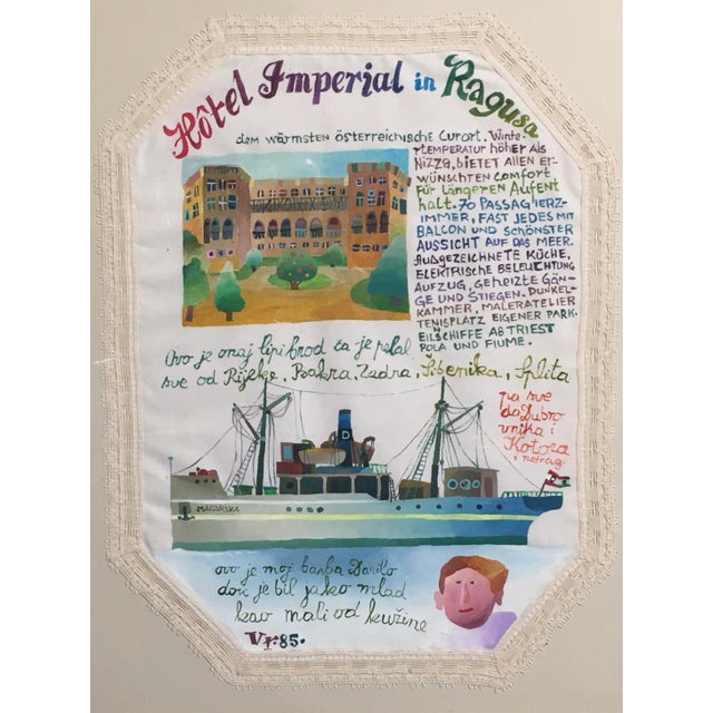 Vjekoslav Vojo Radoičić, acrylic on lace trimmed textile, 1985. This work depicts the Hotel Imperial in Dubrovnik,...