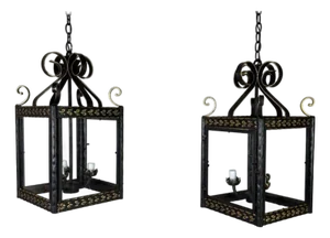 Pair of Custom Wrought Iron and Gilt Lantern Pendants by Miamar Home