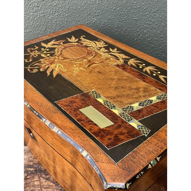 Vintage Wood Inlay Writing Desk With Inkwells For Sale - Image 4 of 14
