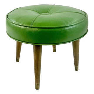 Mid-Century Modern Boho Chic Round Kelly Green Vinyl With Center Button Footstool For Sale
