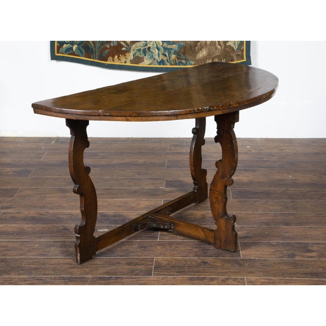 Brown Large Italian Baroque Style 18th Century Walnut Demilune Table with Carved Legs For Sale - Image 8 of 12