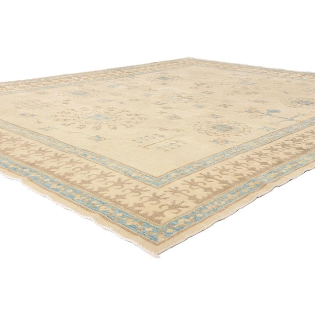 51617 Contemporary Turkish Oushak Rug with Transitional Coastal Cottage Style 10'01 x 12'03. With its light and airy...