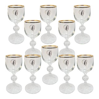 Vintage Gold Rimmed Monogram 'C' Crystal Aperitif Glasses - Set of 10 For Sale