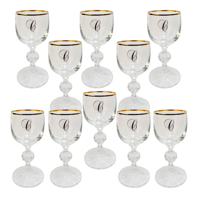 Vintage Gold Rimmed Monogram 'C' Crystal Aperitif Glasses - Set of 10 For Sale