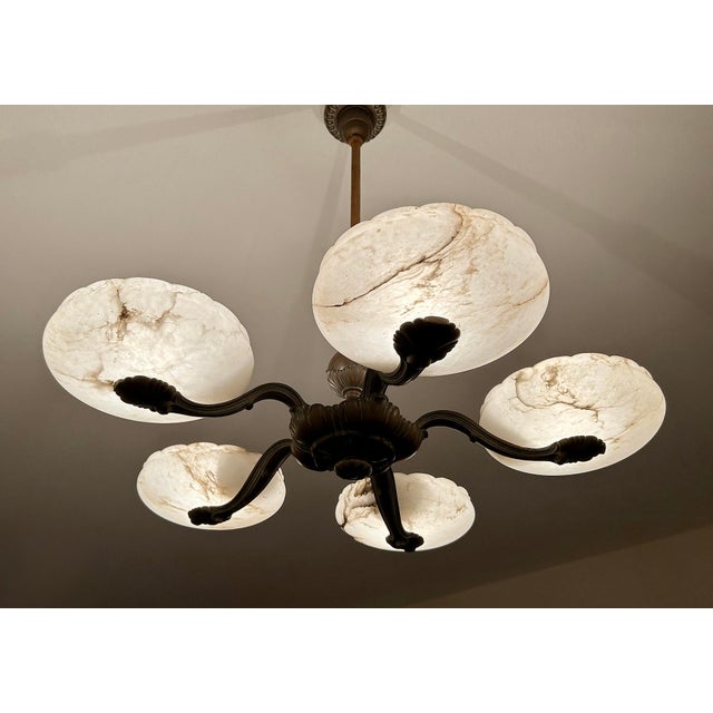 Large Art Deco Alabaster Pendant Light with Marble and Bronze, 1930s For Sale - Image 14 of 18