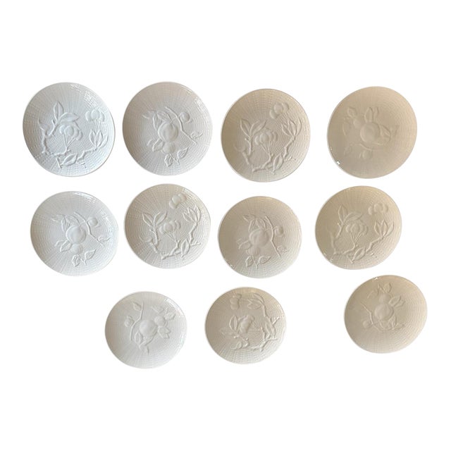 Vintage Cream Fruit Embossed Ed Langbein Western Zone Germany Porcelain Dessert Plates - Set of 11 - 7.75 Inch Fruit Relief 1945 1949 For Sale