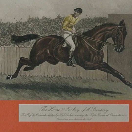 Colourful chromolithograph depicting 'The 'Mighty' Ormonde ridden by Fred Archer winning the Triple Crown at Doncaster...