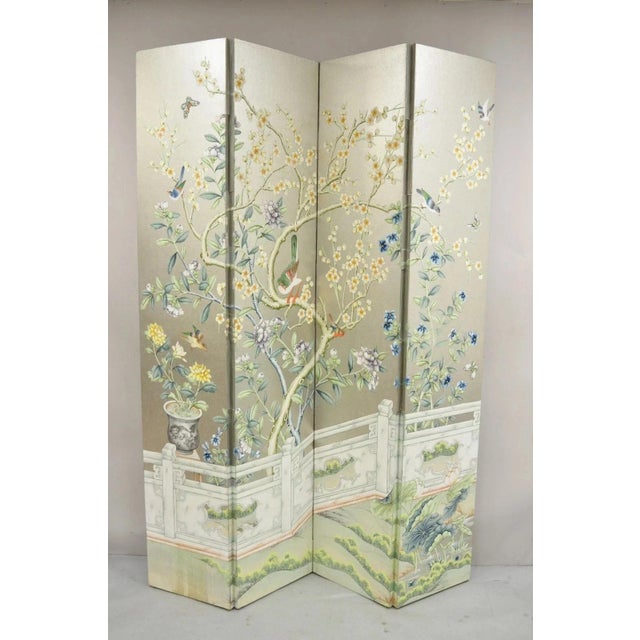Vintage Chinoiserie Hand Painted Silver Leaf Large Birds and Butterflies 4 Panel Folding Screen Room Divider (A). Item...