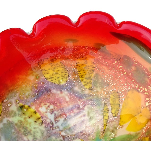 Mid 20th Century Murano Vintage Red Orange Yellow Silver Flecks Green Italian Art Glass Seashell Centerpiece Bowl For Sale - Image 5 of 10