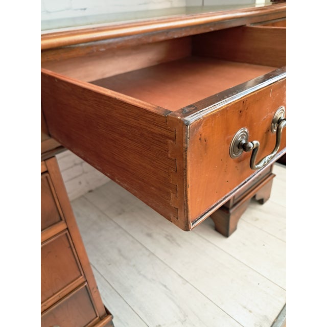 Antique Twin Pedestal Desk in Dark Yew Wood and Leather Top, 1980 For Sale - Image 10 of 18
