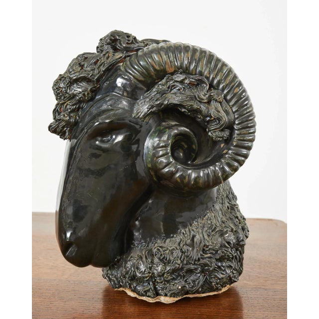 Pair of Neoclassical Style Jade Rams Head Pottery Sculptures For Sale - Image 4 of 13