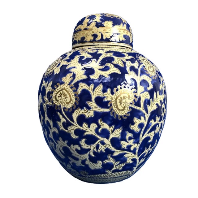 Chinoiserie Mid Century Blue and Gold Porcelain Lidded Jar For Sale - Image 3 of 11